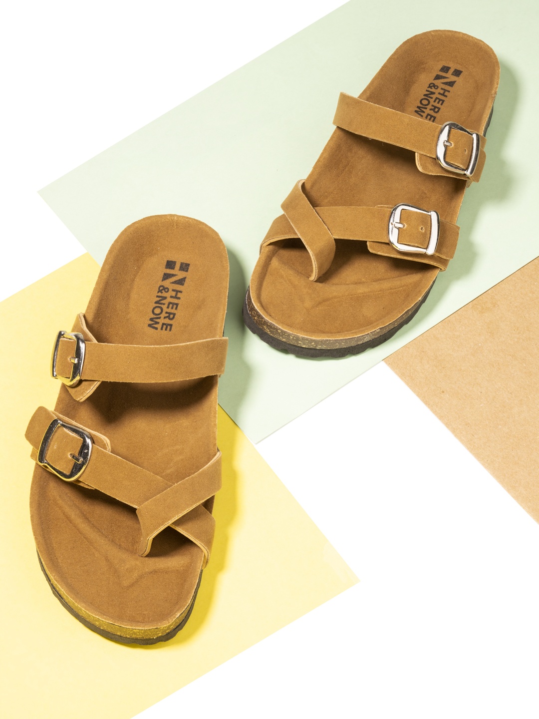 

HERE&NOW Women Camel Brown One Toe Flats with Buckles