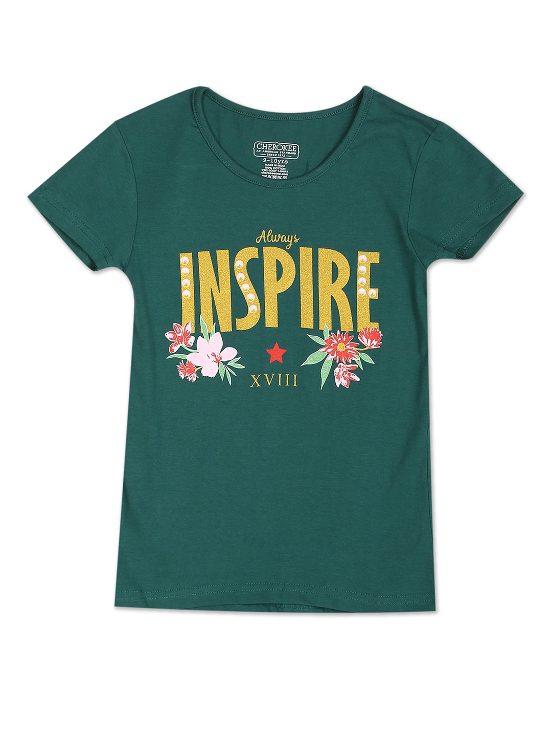 

Cherokee Girls Green Typography Printed V-Neck T-shirt