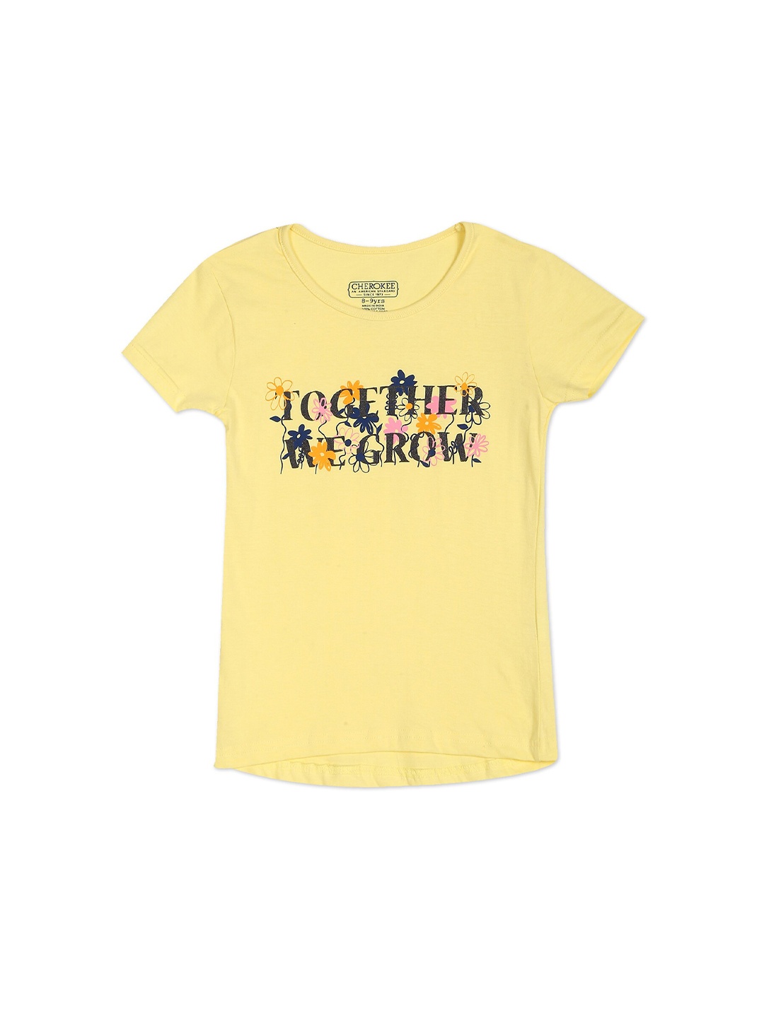 

Cherokee Girls Yellow Black Typography Printed Pure Cotton T-shirt