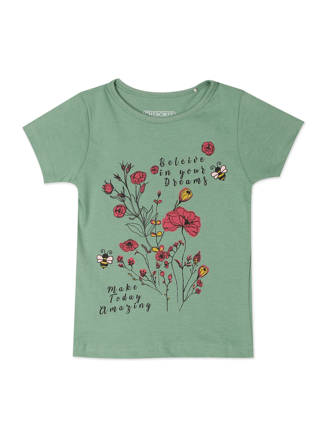 

Cherokee Girls Olive Green Floral Printed T-shirt