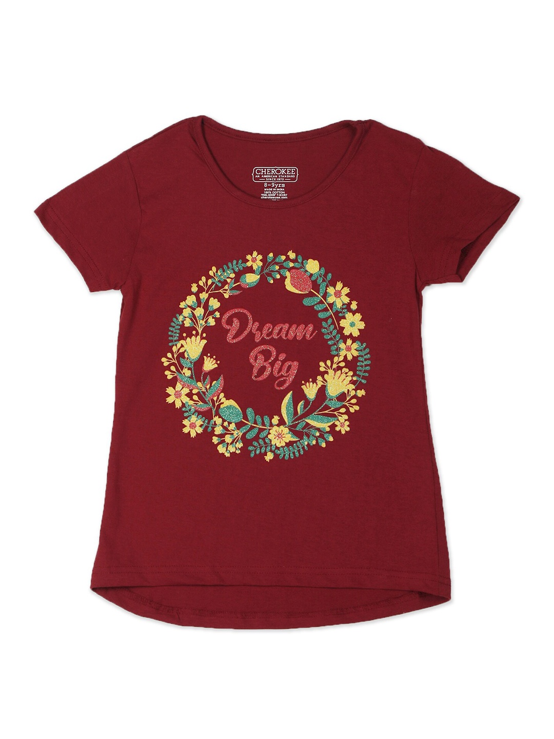 

Cherokee Girls Maroon Yellow Typography Printed Pure Cotton T-shirt