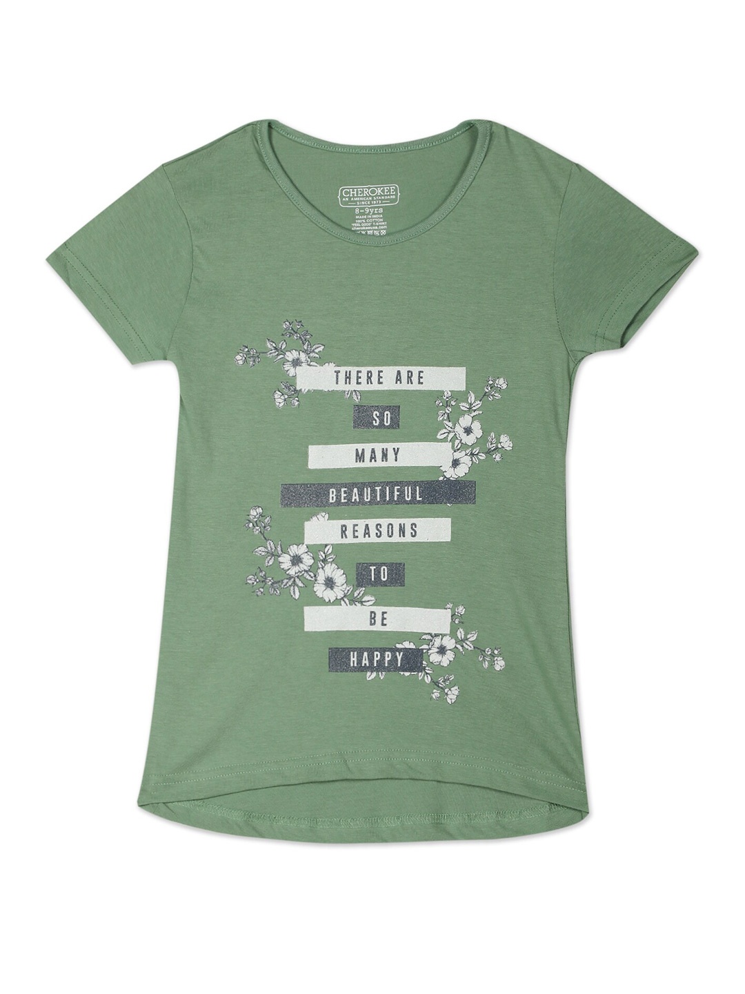 

Cherokee Girls Olive Green Typography Printed V-Neck T-shirt