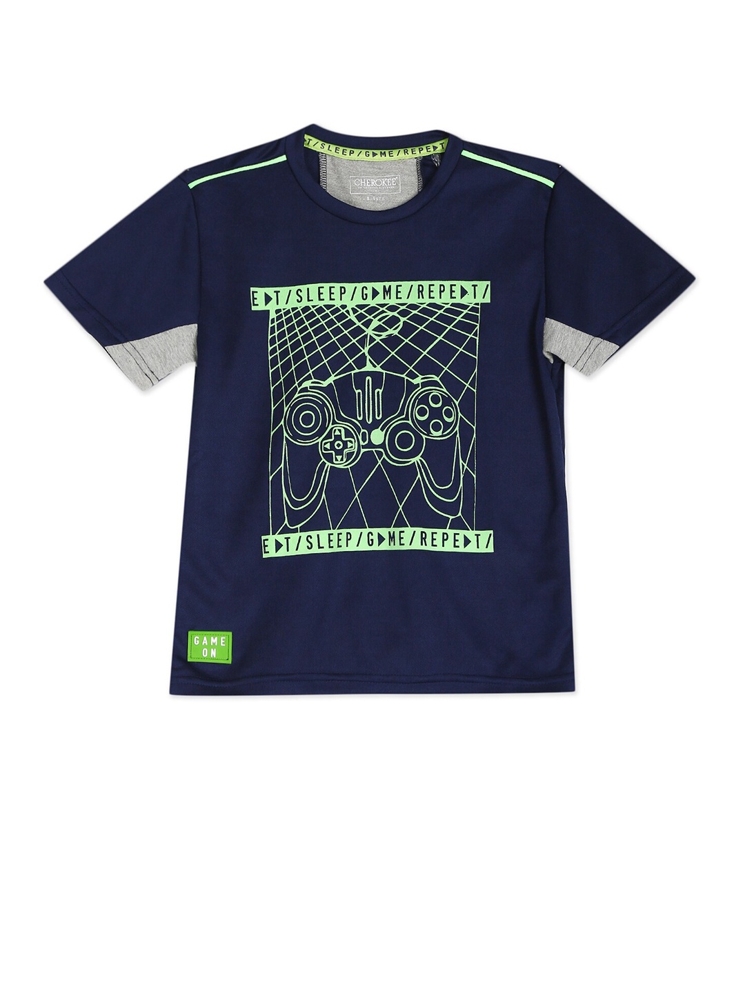 

Cherokee Boys Blue & Fluorescent Green Printed Cotton T-shirts