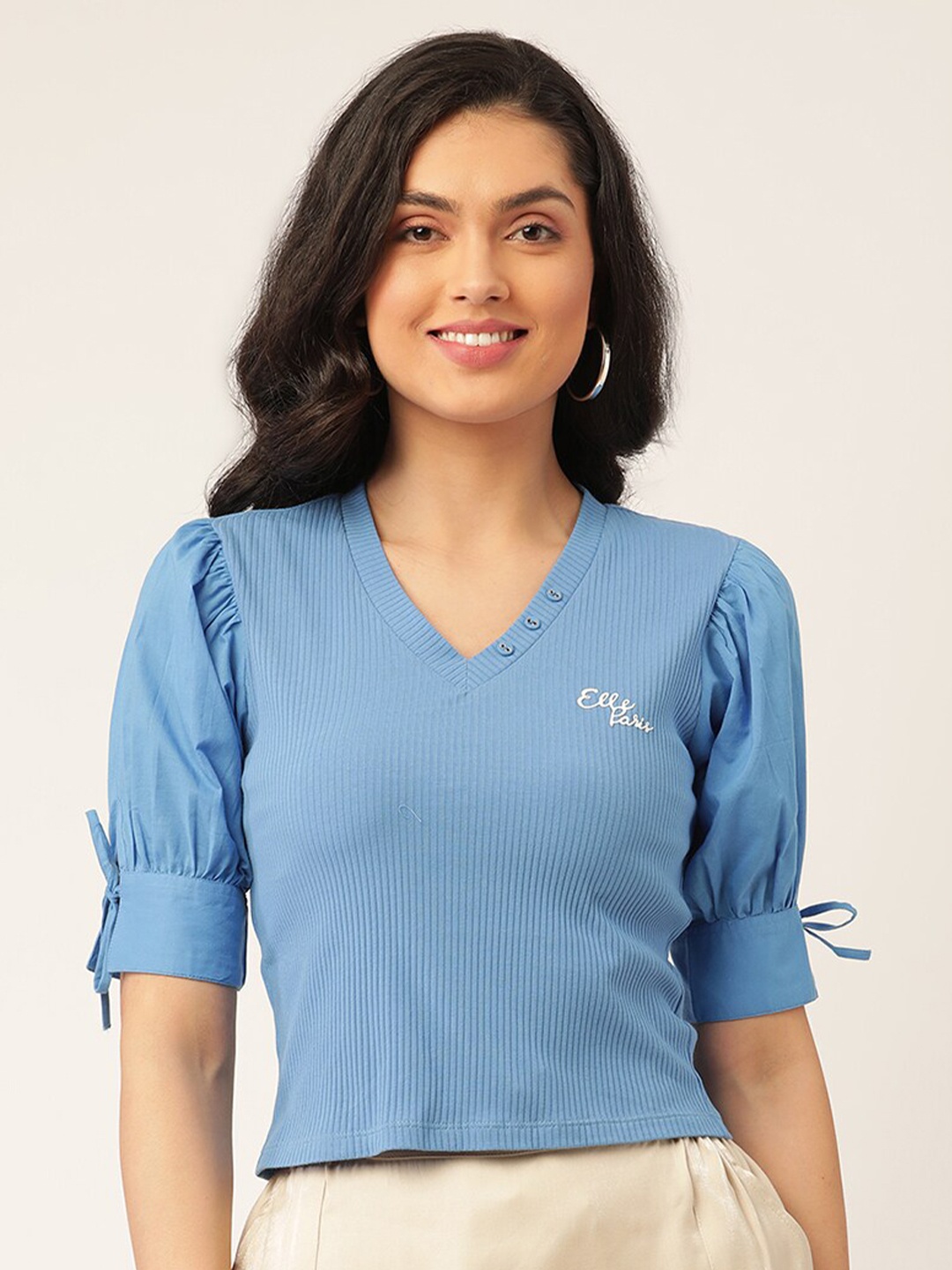 

ELLE Women Blue Ribbed Top