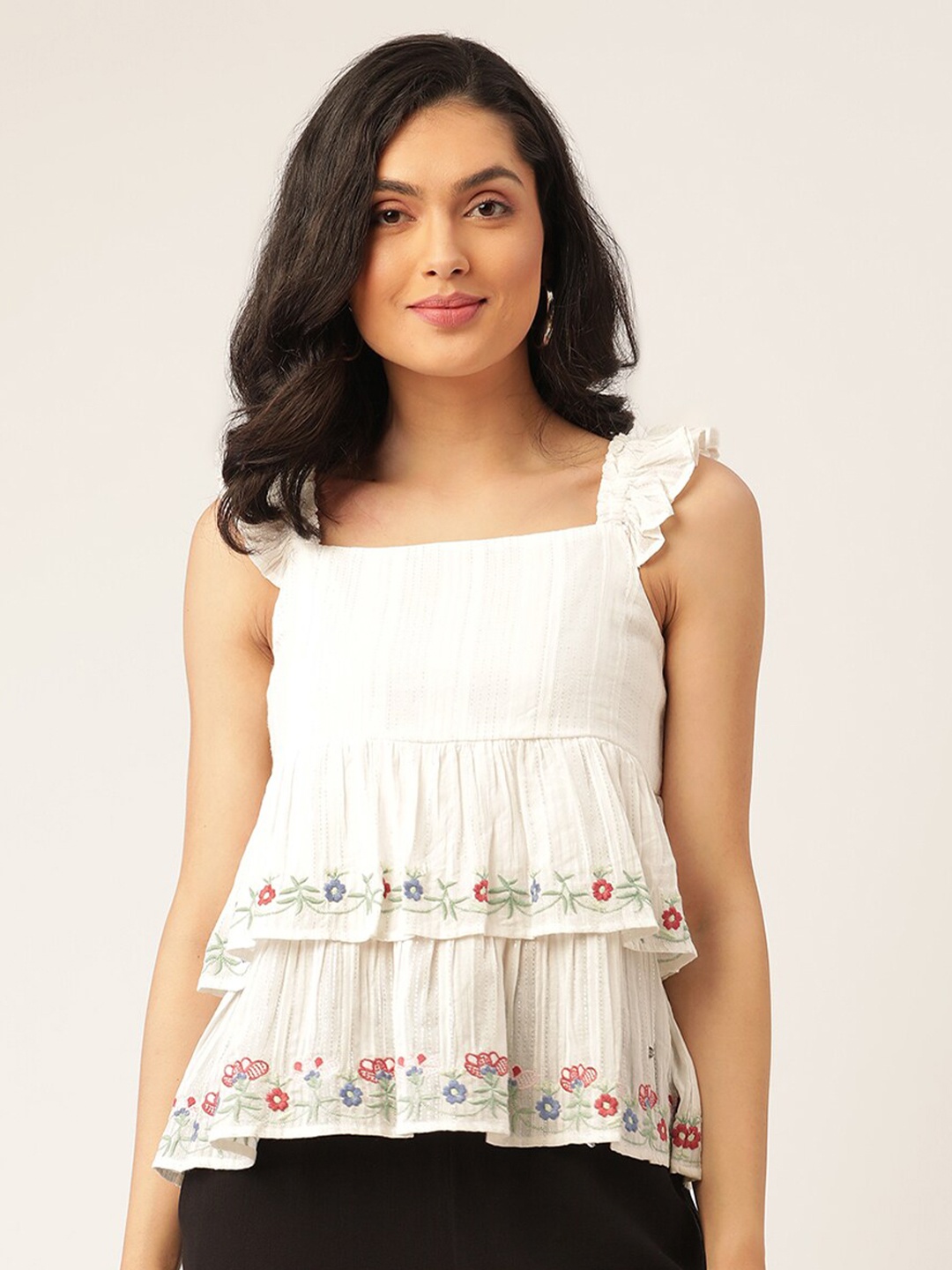 

ELLE White & Pink Embroidered Square Neck Layered Tiered Top