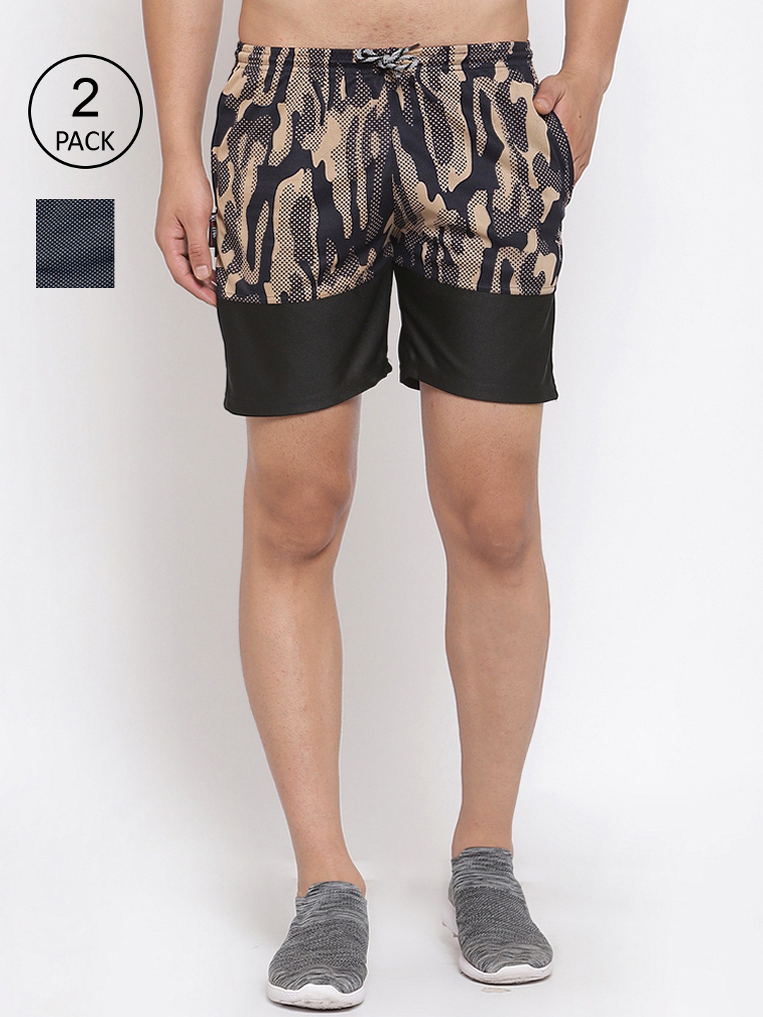 

KLOTTHE Men Pack Of 2 Colourblocked Printed Sports Shorts, Multi
