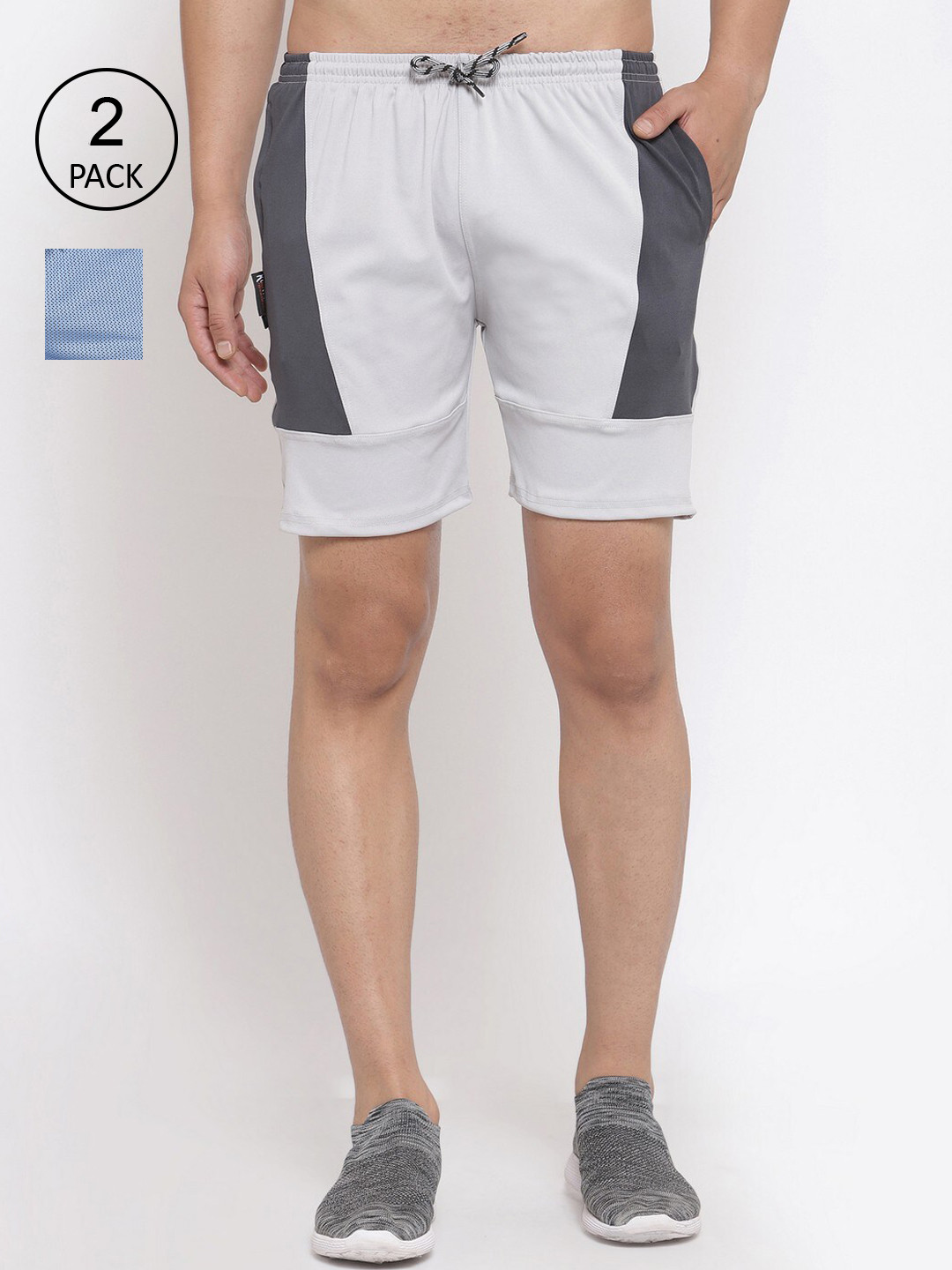 

Men Pack Of 2 Blue & Grey Colourblocked Sports Shorts