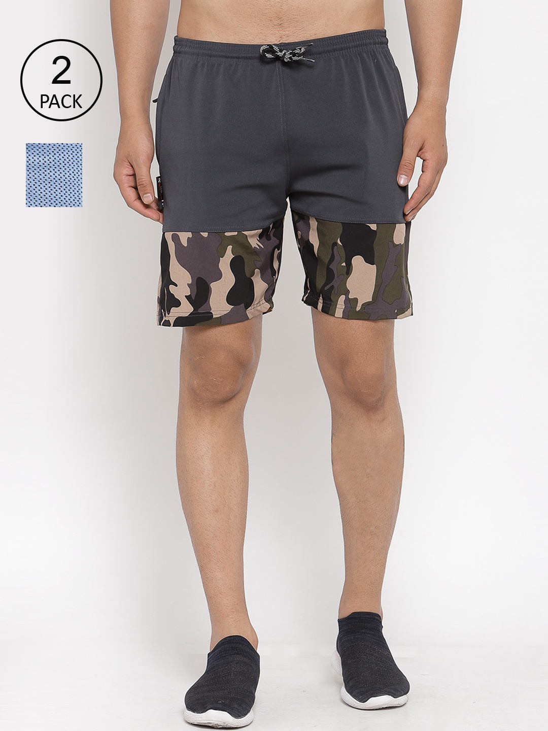 

KLOTTHE Men Pack Of 2 Grey & Blue Colourblocked Printed Sports Shorts