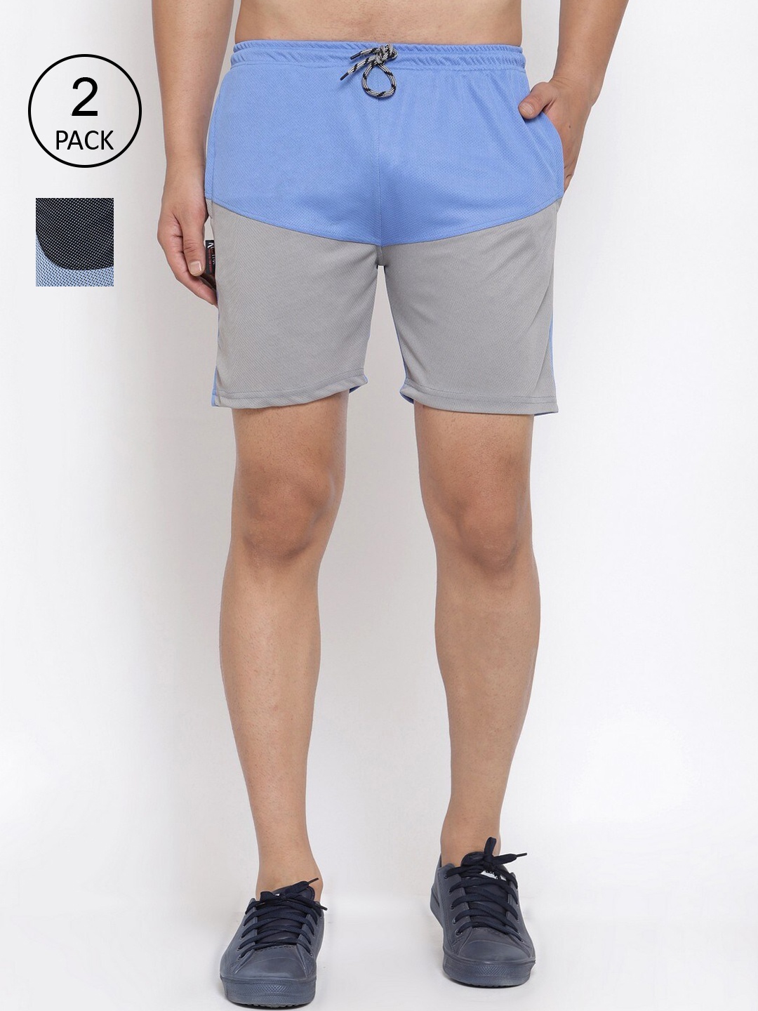 

KLOTTHE Men Pack of 2 Blue & Grey Colourblocked Sports Shorts