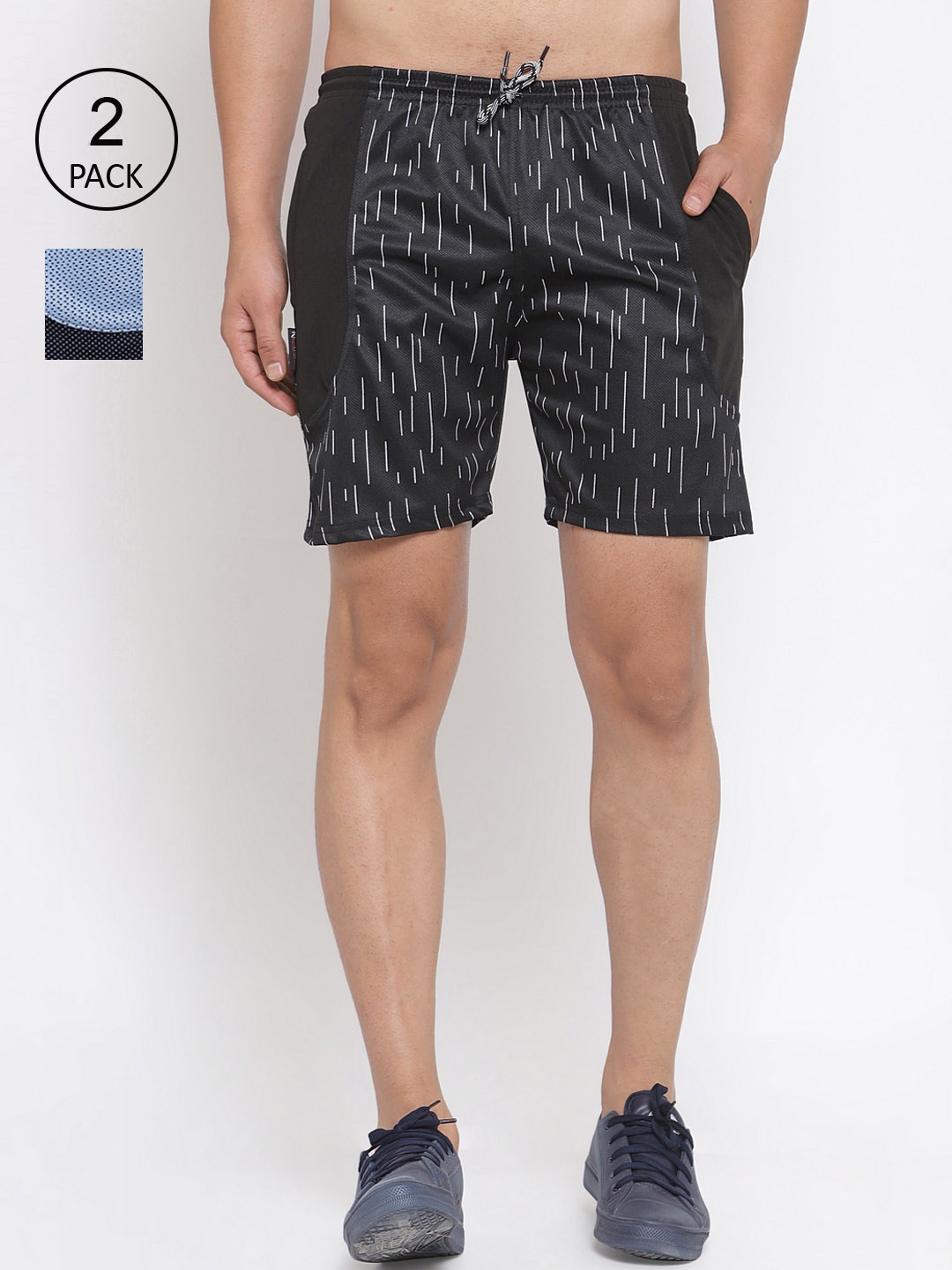 

KLOTTHE Men Pack Of 2 Grey & Blue Colourblocked Printed Sports Shorts