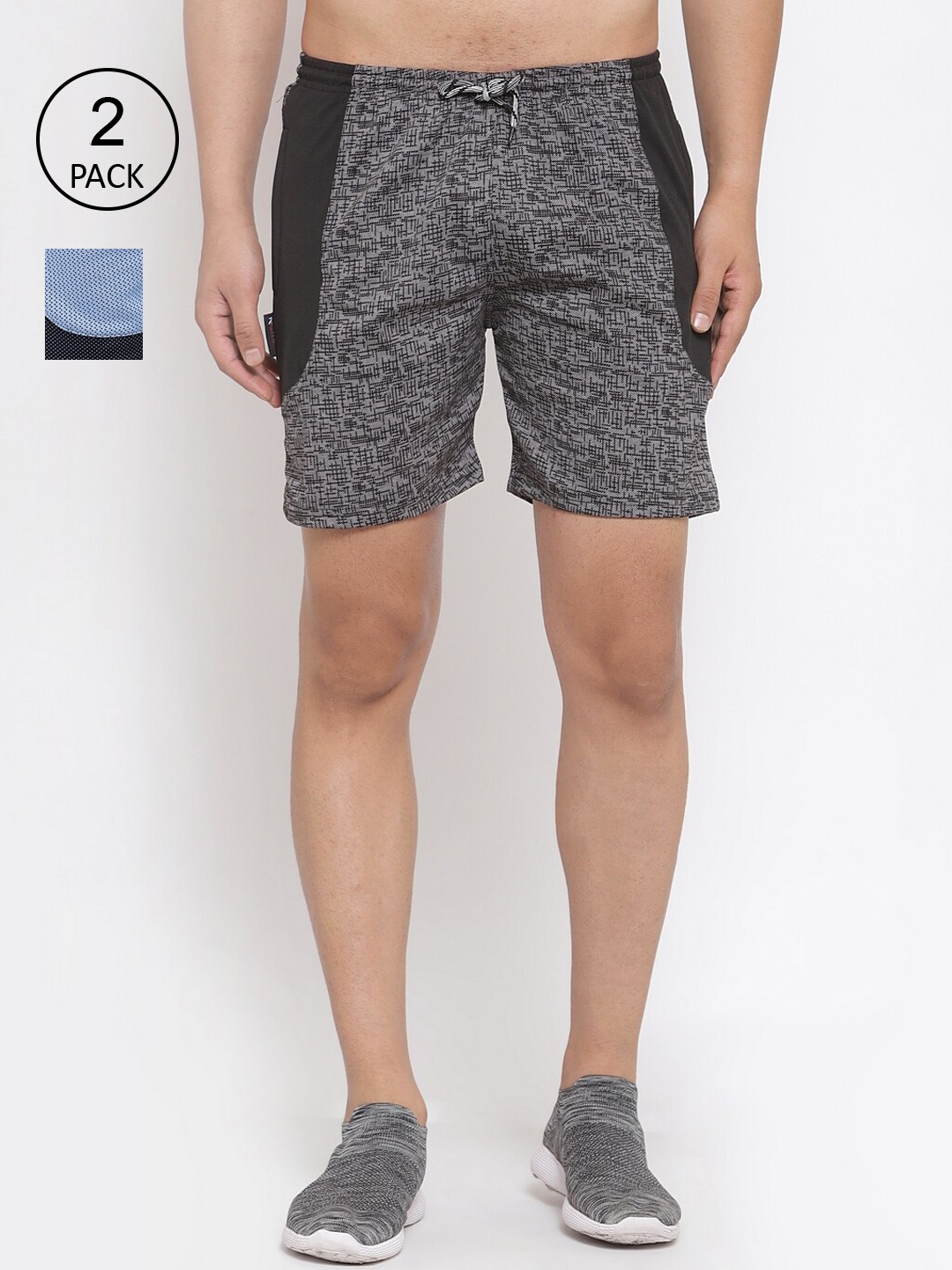 

KLOTTHE Men Pack of 2 Blue & Grey Colourblocked Sports Shorts