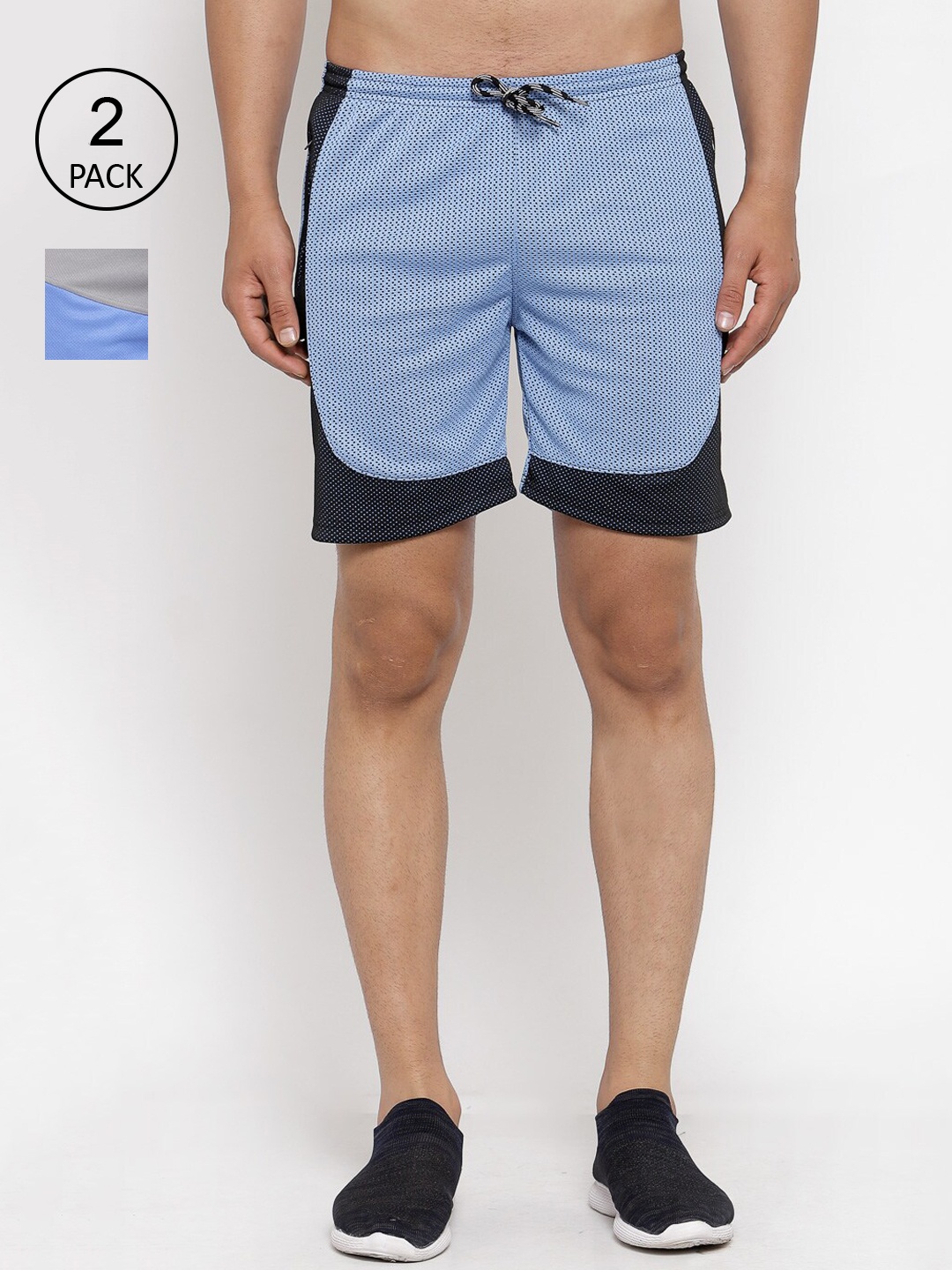 

KLOTTHE Men Pack of 2 Blue and Grey Colourblocked Sports Shorts
