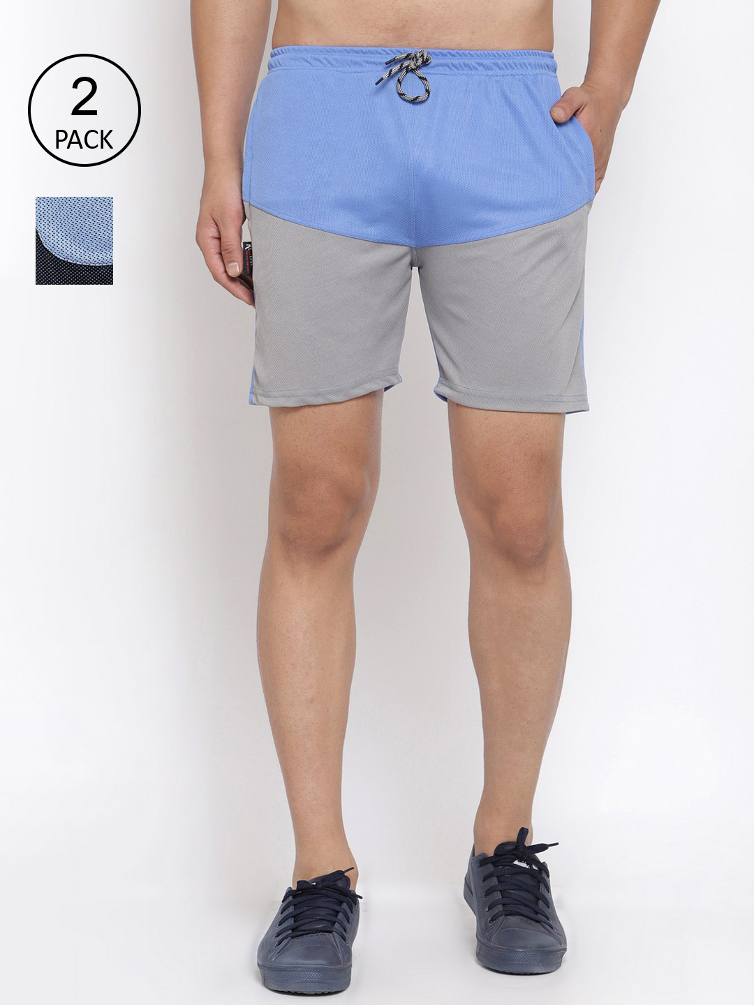 

KLOTTHE Men Pack Of 2 Blue & Grey Colourblocked Sports Shorts