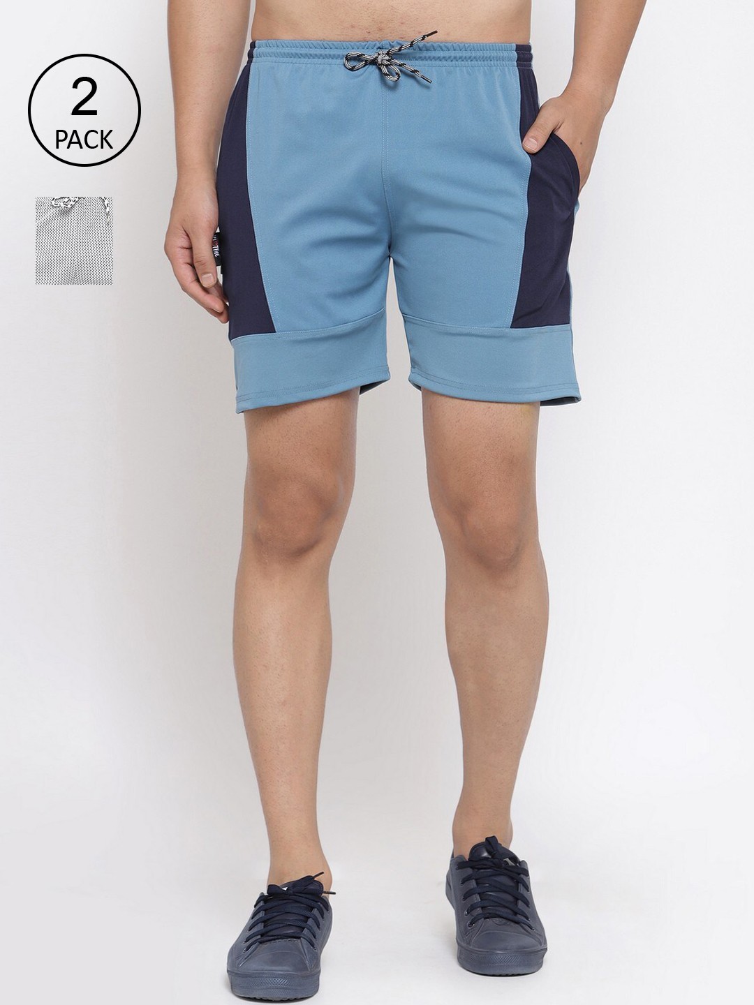 

KLOTTHE Men Pack of 2 Blue & Grey Colourblocked Sports Shorts