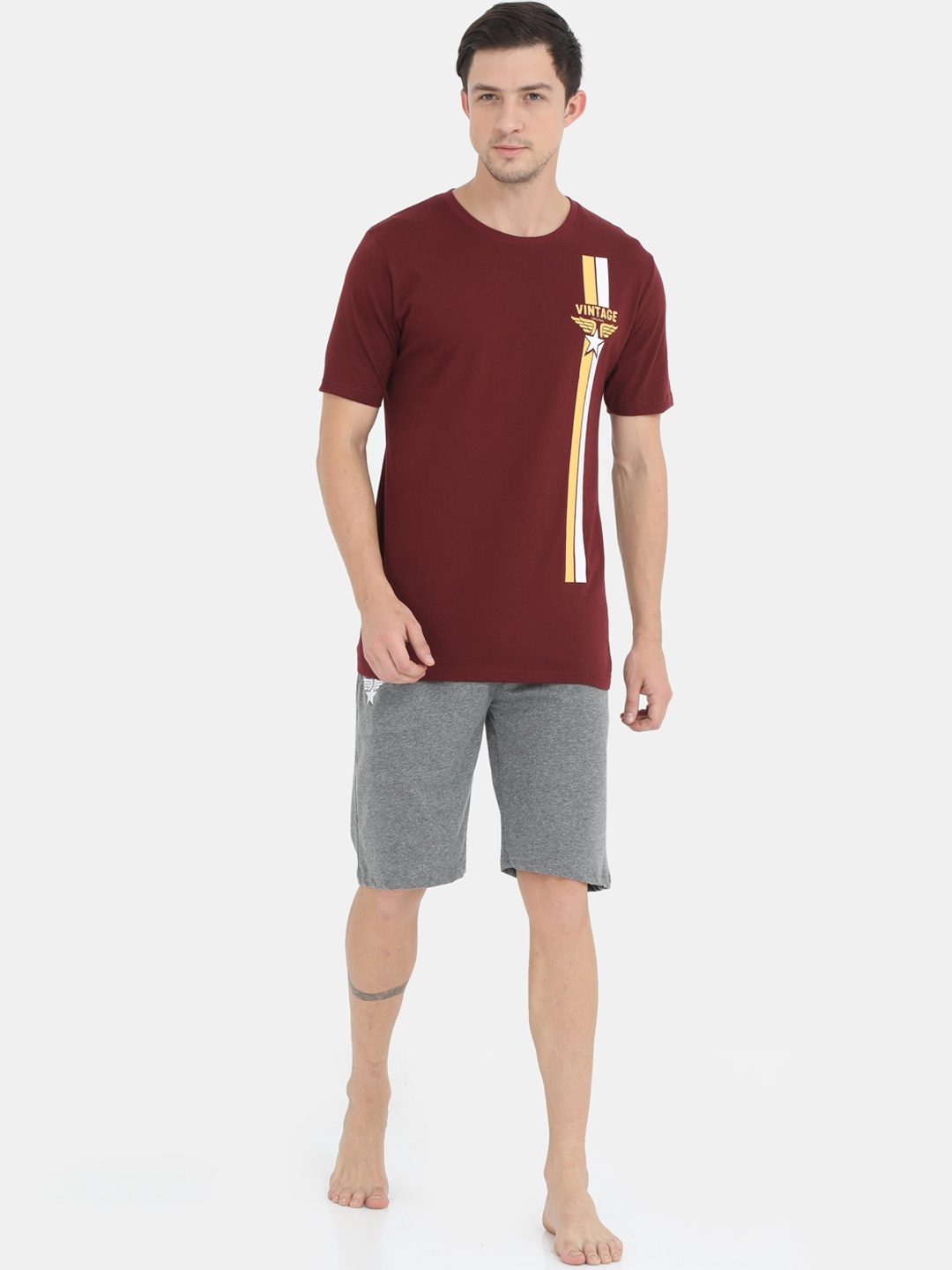 

Masculino Latino Men Maroon & Grey Printed Pure Cotton Night Suit