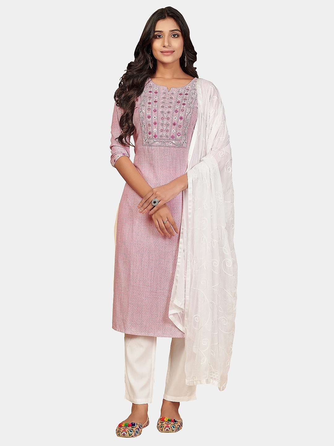 

Vbuyz Women Pink & White Yoke Designed Pure Cotton Kurta & Trousers with Dupatta