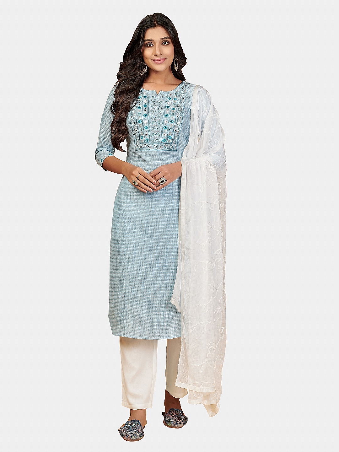 

Vbuyz Women Blue & White Yoke Designed Pure Cotton Kurta & Trousers with Dupatta