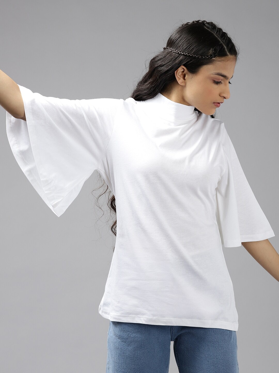 

UTH by Roadster White Solid High Neck Flutter Sleeves New Basics Regular Top