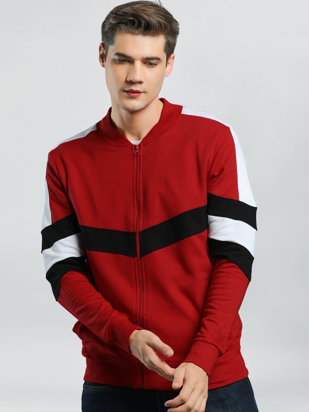 

Maniac Men Red Colourblocked Crop Sporty Jacket