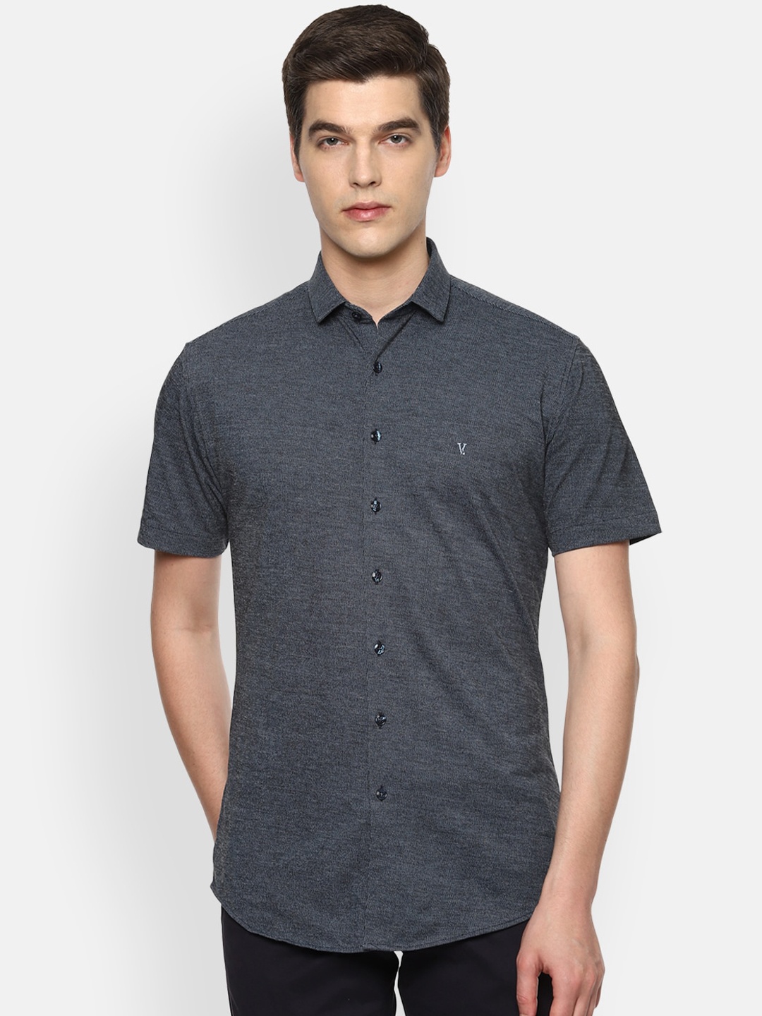 

V Dot Men Navy Blue Slim Fit Opaque Textured Pure Cotton Casual Shirt