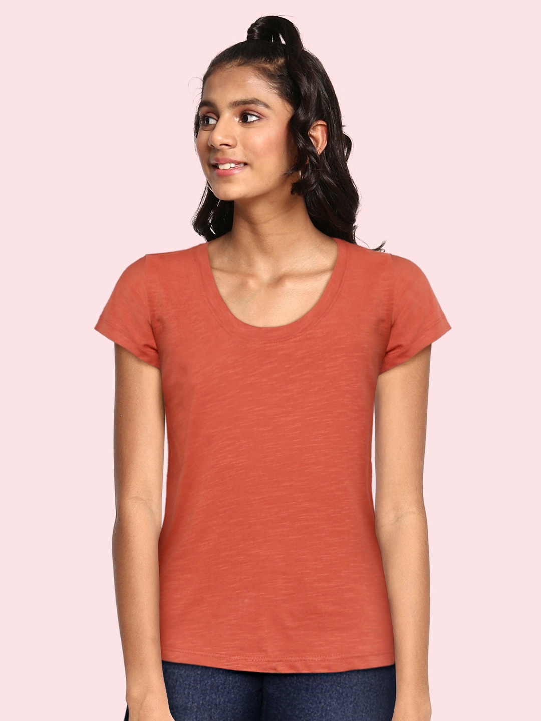 

UTH by Roadster Girls Rust Orange Pure Cotton Solid Scoop Neck T-shirt