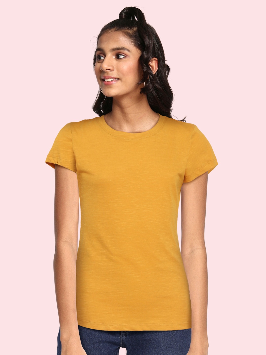 

UTH by Roadster Girls Mustard Yellow Pure Cotton Solid T-shirt