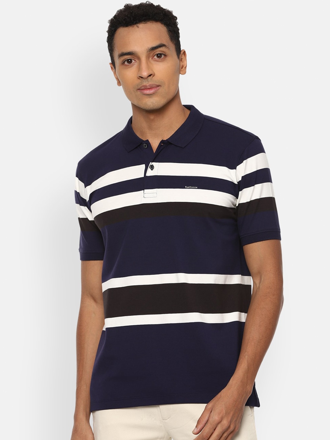 

Van Heusen Men Navy Blue & White Striped Polo Collar T-shirt
