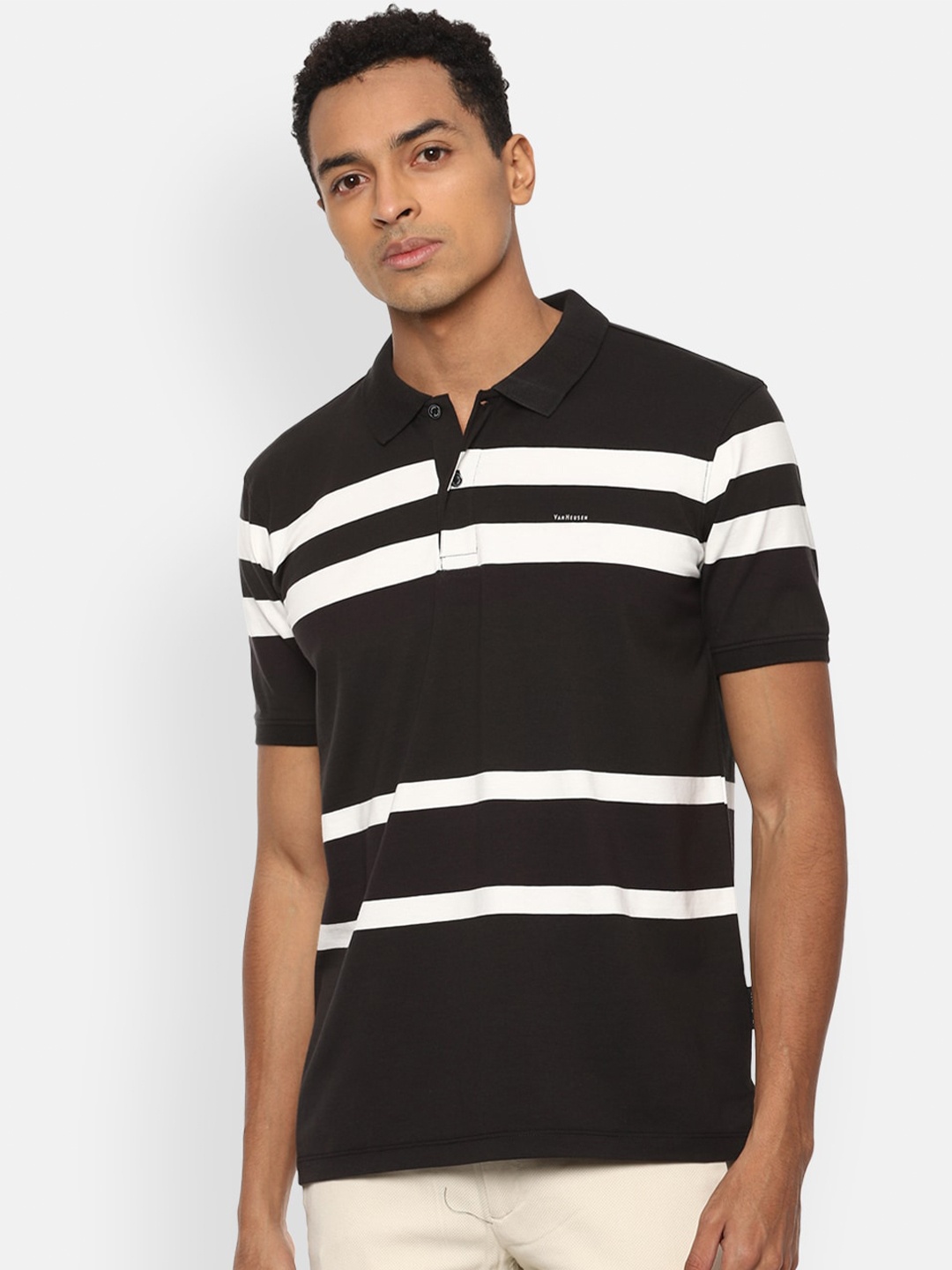 

Van Heusen Men Black & White Striped Polo Collar Monochrome T-shirt