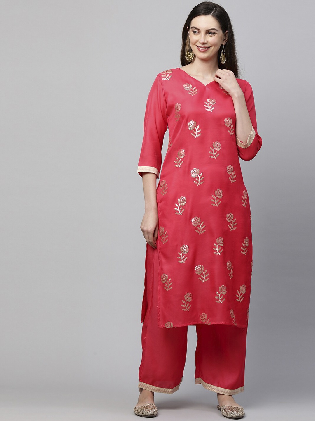 

KALINI Women Red Floral Embroidered Regular Sequinned Pure Cotton Kurta with Trousers