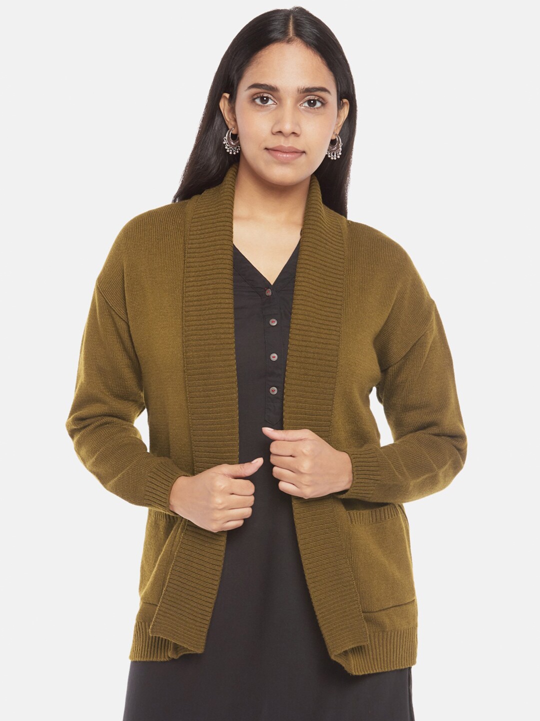

RANGMANCH BY PANTALOONS Women Olive Green Front-Open Sweater