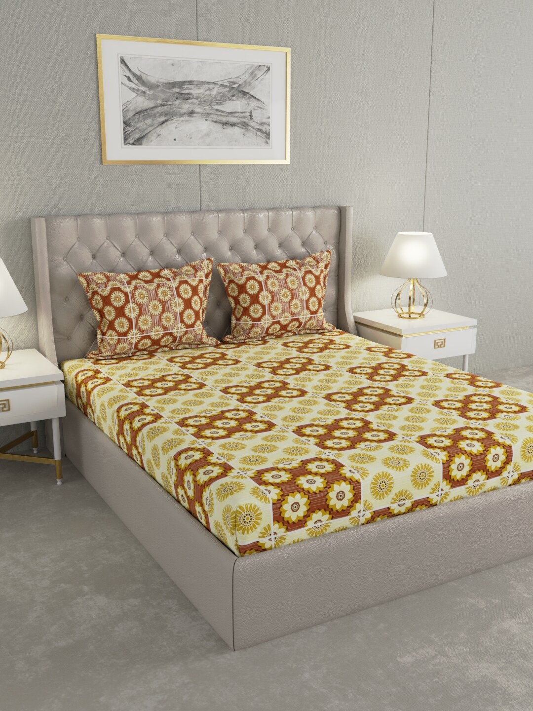 

BLUSH Yellow Printed 120 TC Queen Bedsheet with 2 Pillow Covers