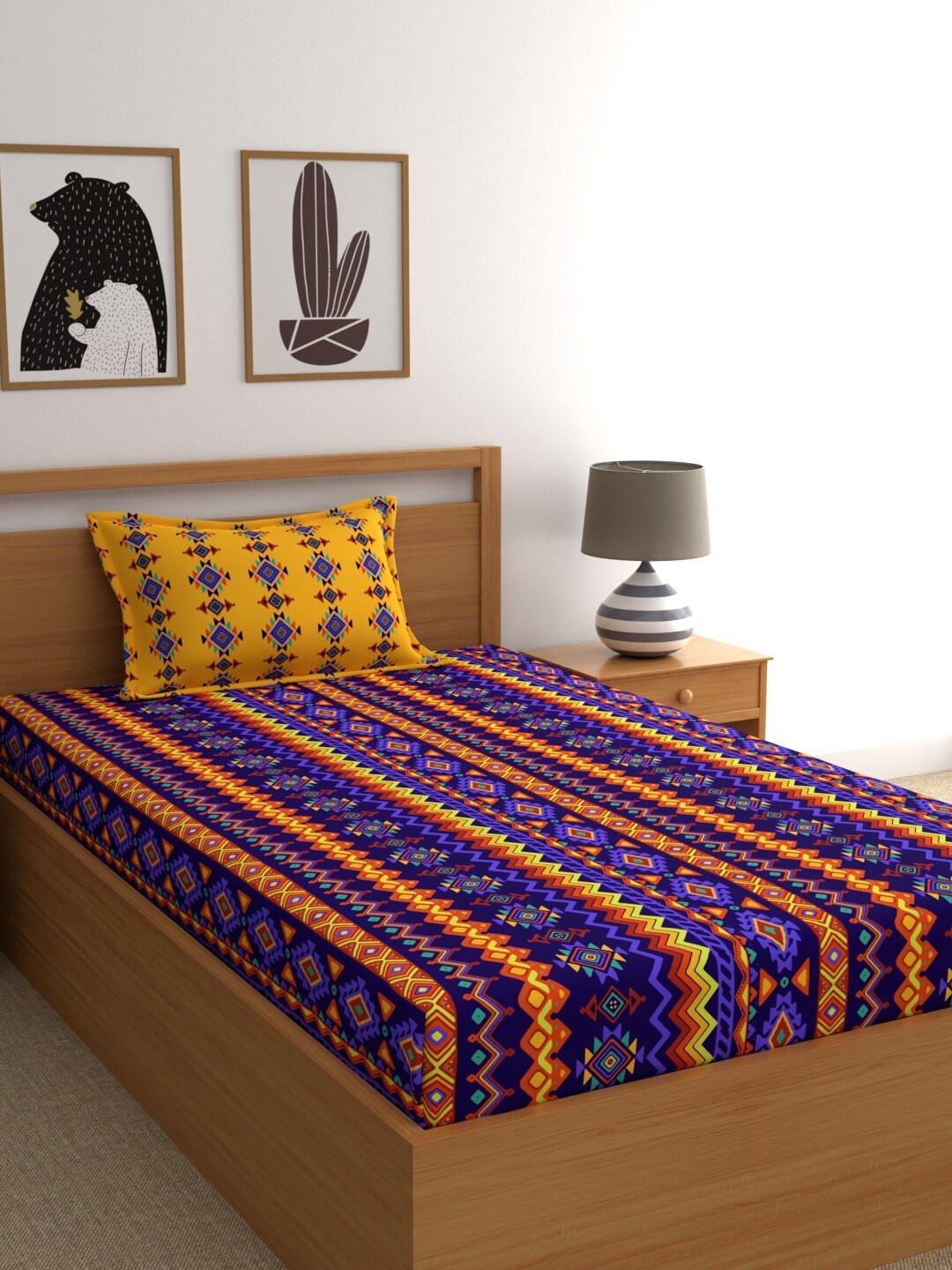 

BLUSH Purple & Yellow Ethnic Motifs Printed 120 TC Single Bedsheet with 1 Pillow Covers