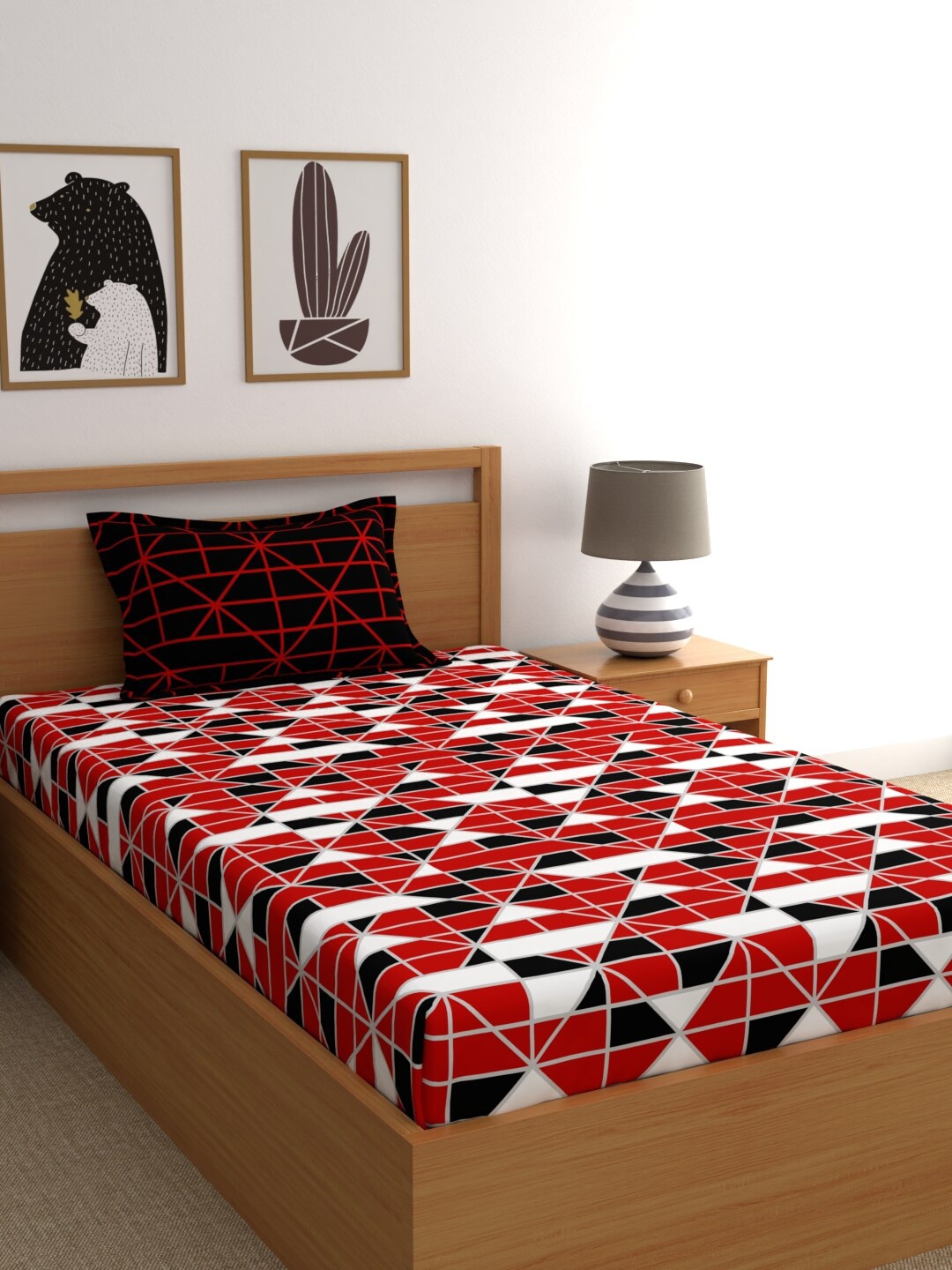 

BLUSH Red & Black Geometric Printed 120 TC Single Bedsheet with 1 Pillow Covers