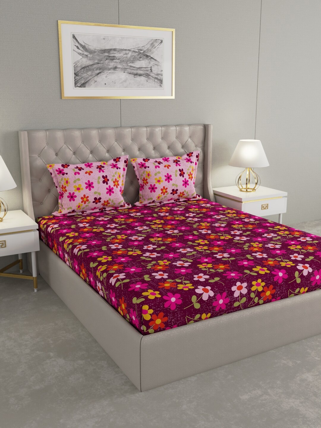 

BLUSH Burgundy Floral Printed 120 TC Queen Bedsheet with 2 Pillow Covers