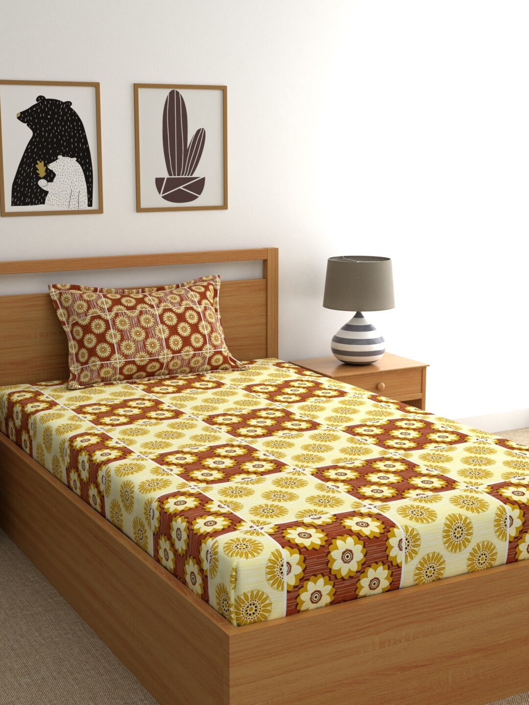 

BLUSH Brown & Yellow Ethnic Motifs Printed 120 TC Single Bedsheet with 1 Pillow Covers