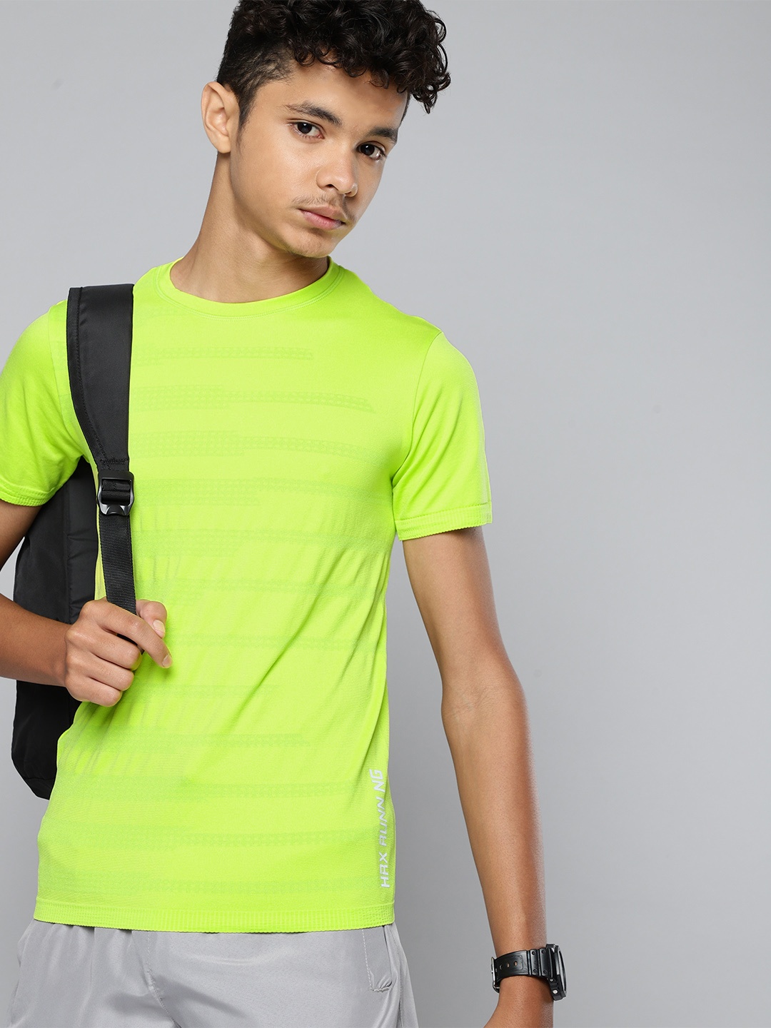 

HRX by Hrithik Roshan Boys Fluorescent Green Self Striped Running T-shirt