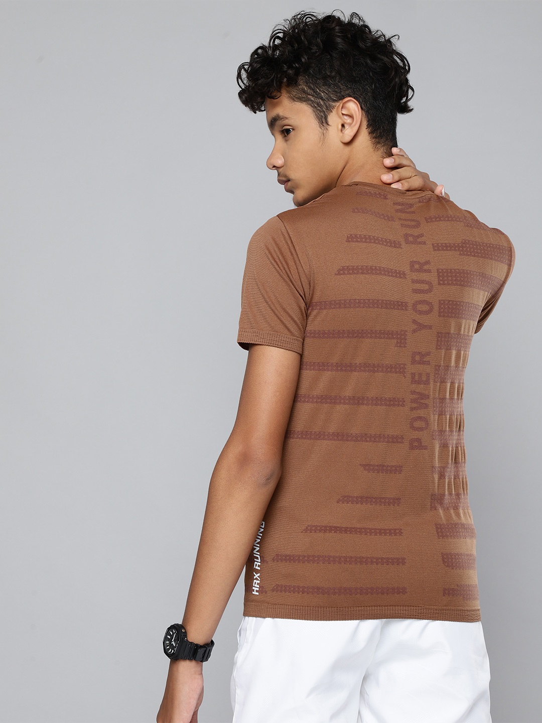 

HRX by Hrithik Roshan Boys Brown Self Striped Running T-shirt