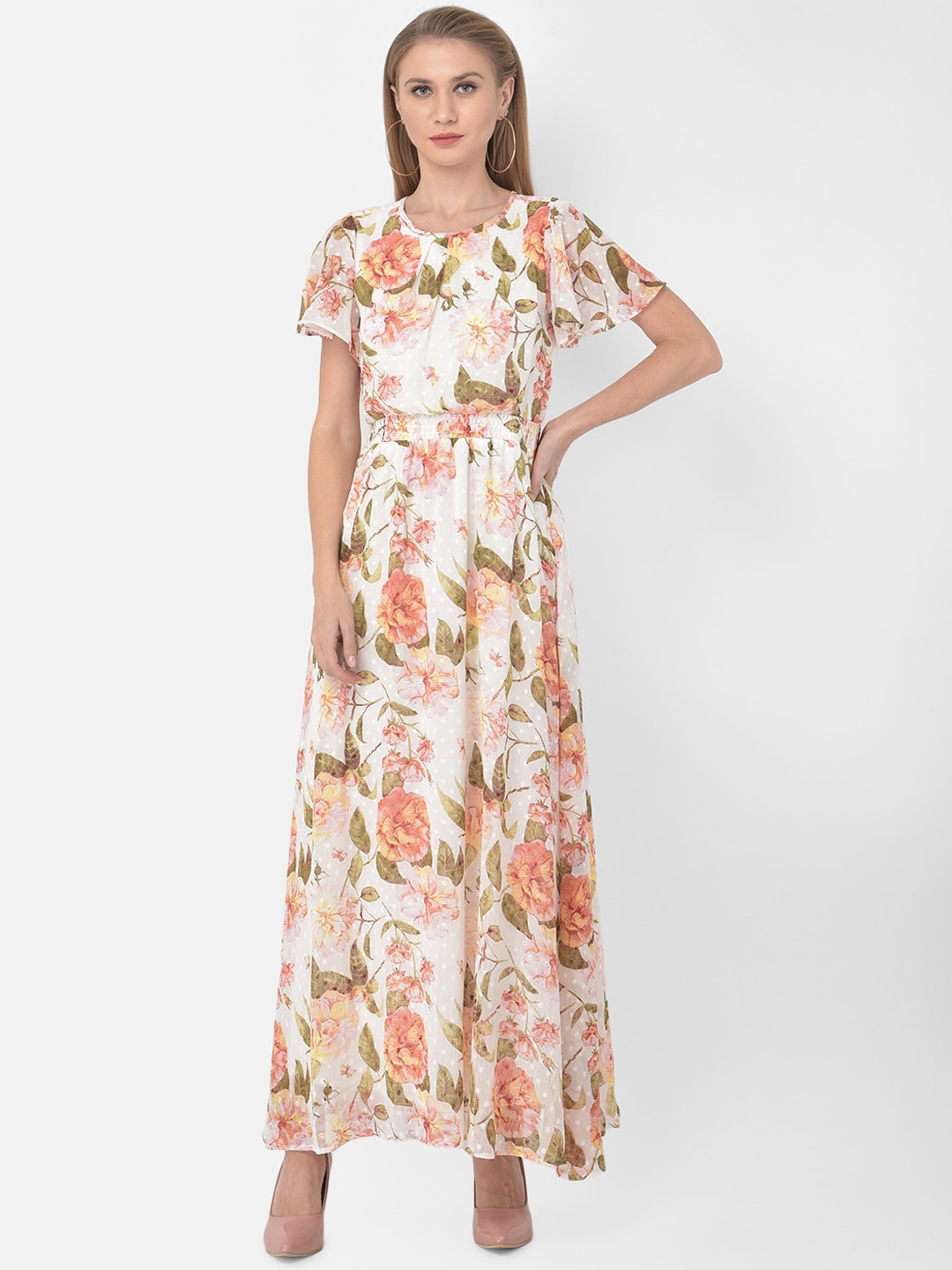 

Latin Quarters White & Peach-Coloured Smocked Maxi Dress
