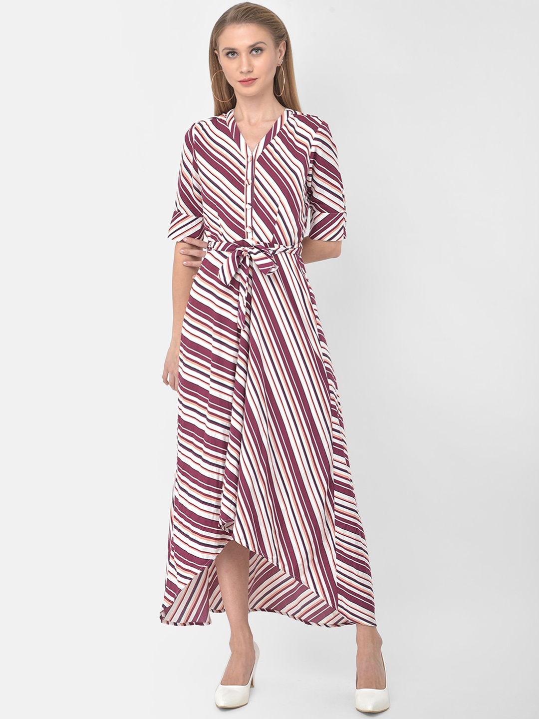 

Latin Quarters Maroon & White Striped High-Low Maxi Dress