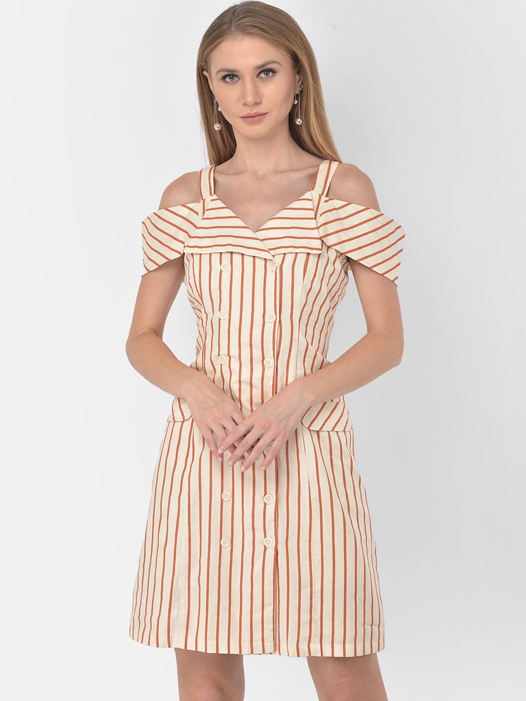 

Latin Quarters Beige & Orange Striped A-Line Dress