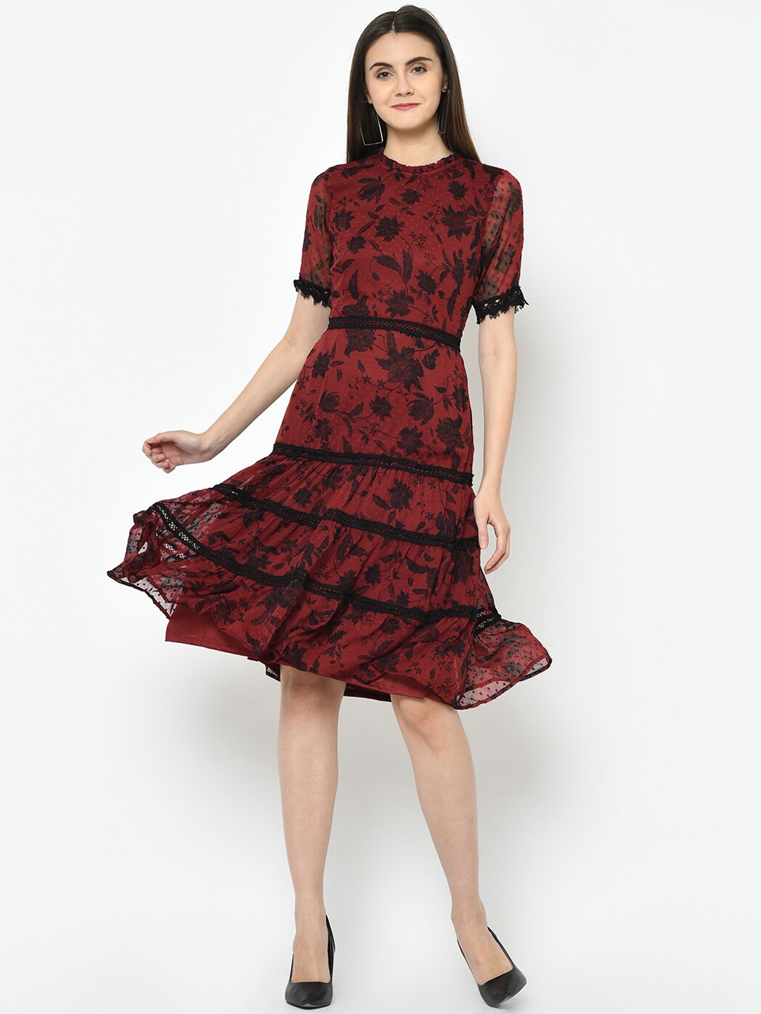 

Latin Quarters Maroon Floral Lace Dress