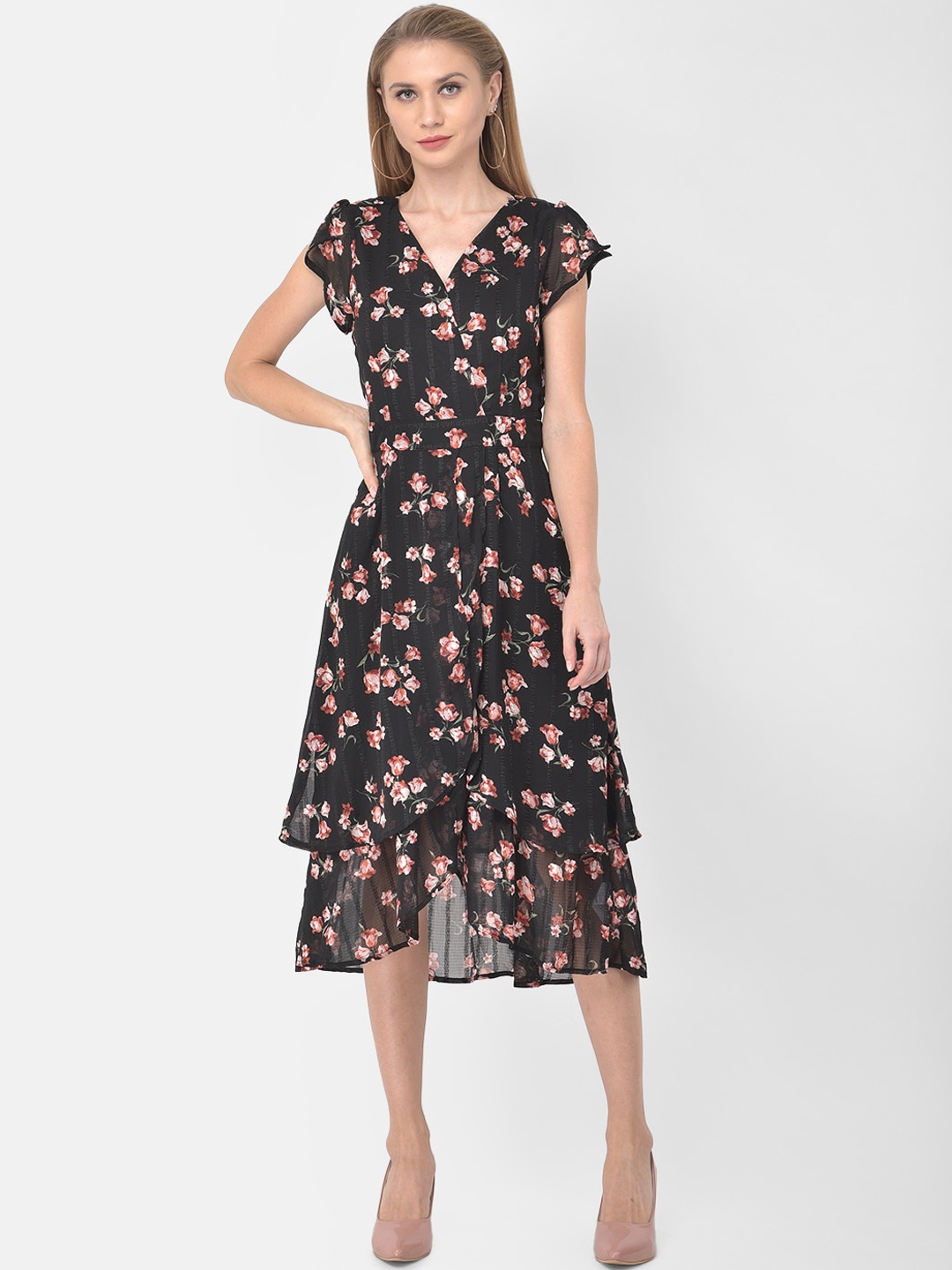 

Latin Quarters Black & Pink Floral Midi Dress
