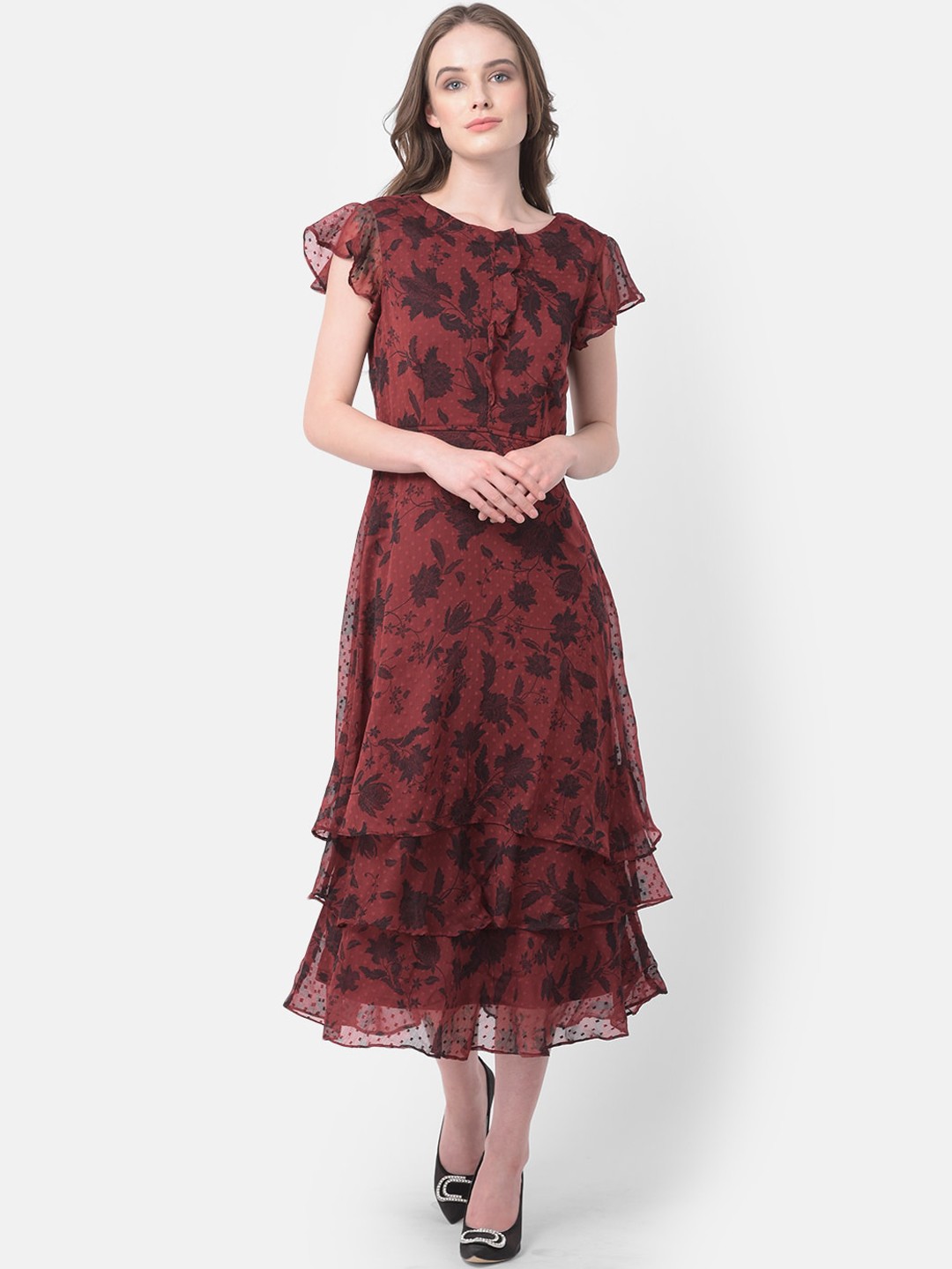 

Latin Quarters Maroon & Black Floral Midi Ruffle Dress