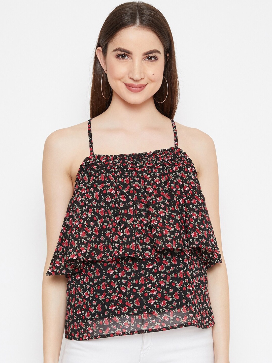 

Berrylush Woman Black Floral Crepe Layered Top