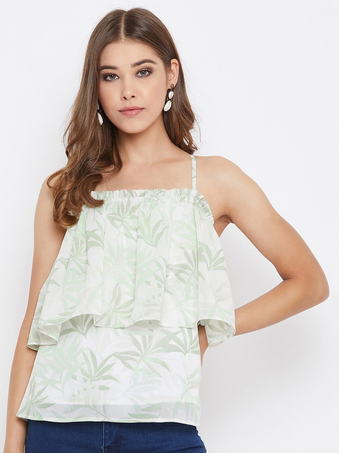 

Berrylush White & Green Tropical Layered Crepe Styled Back Top