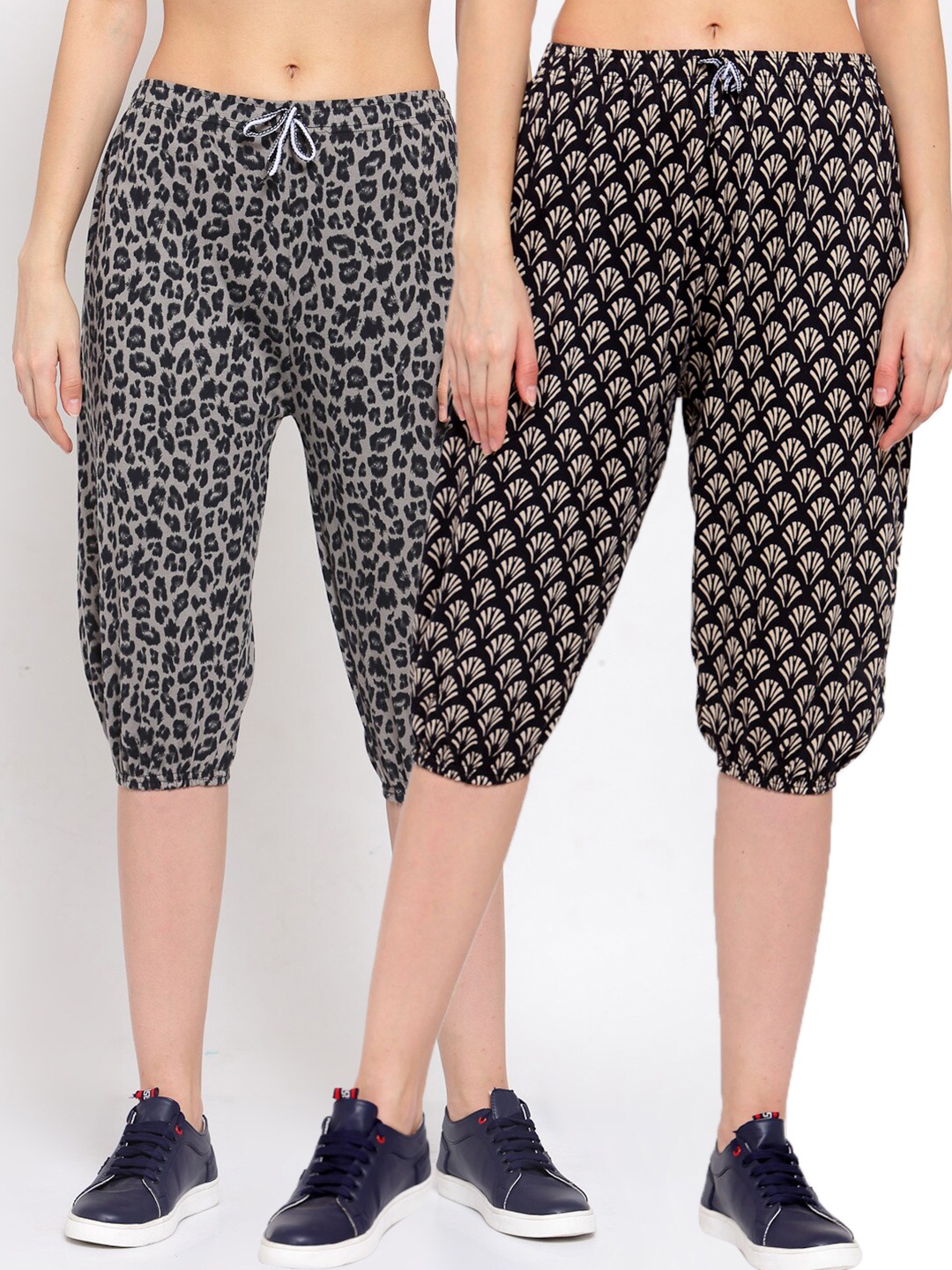

KLOTTHE Women Pack of 2 Black & Beige Printed Pure Cotton Capris