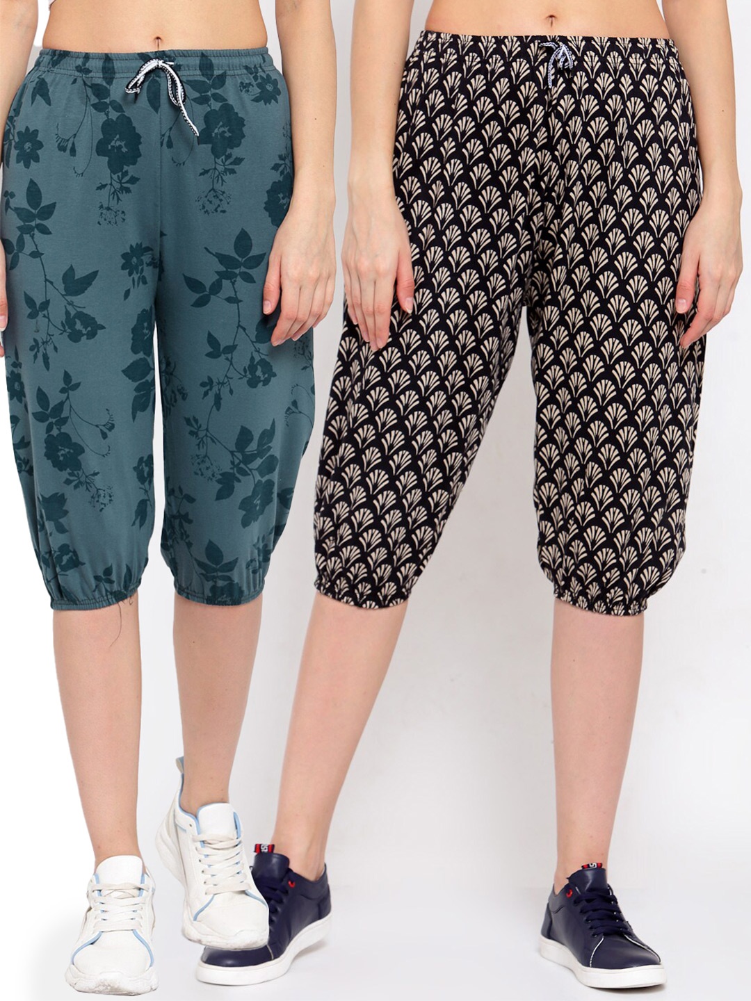 

KLOTTHE Women Pack of 2 Black & Green Printed Capris