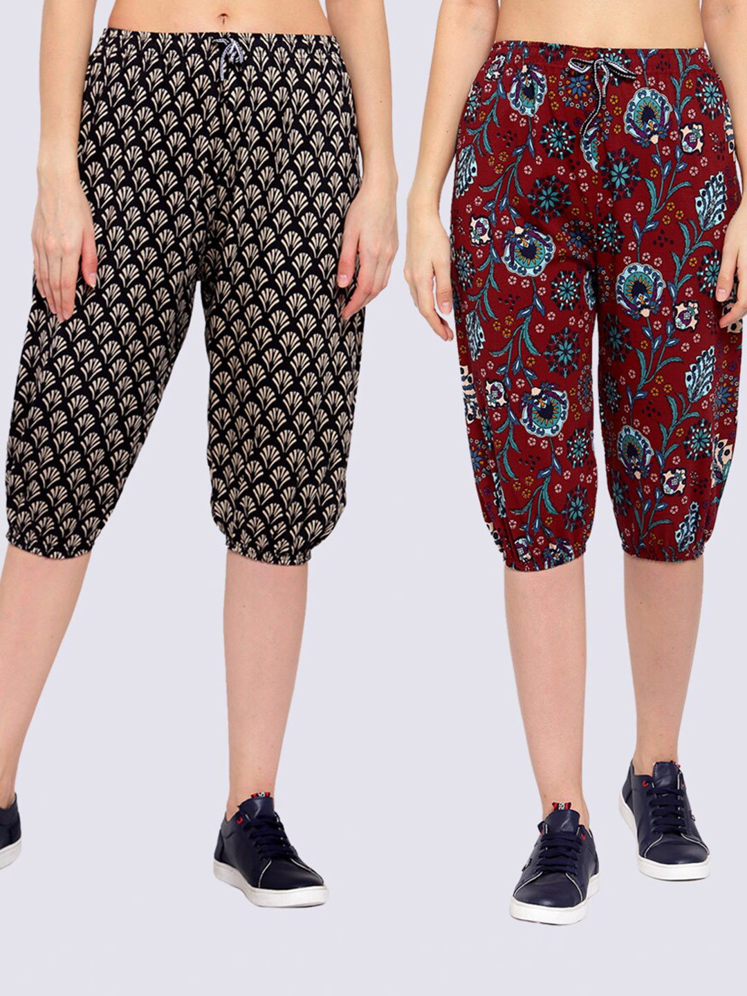 

KLOTTHE Women Set of 2 Black & Maroon Printed Pure Cotton Capris