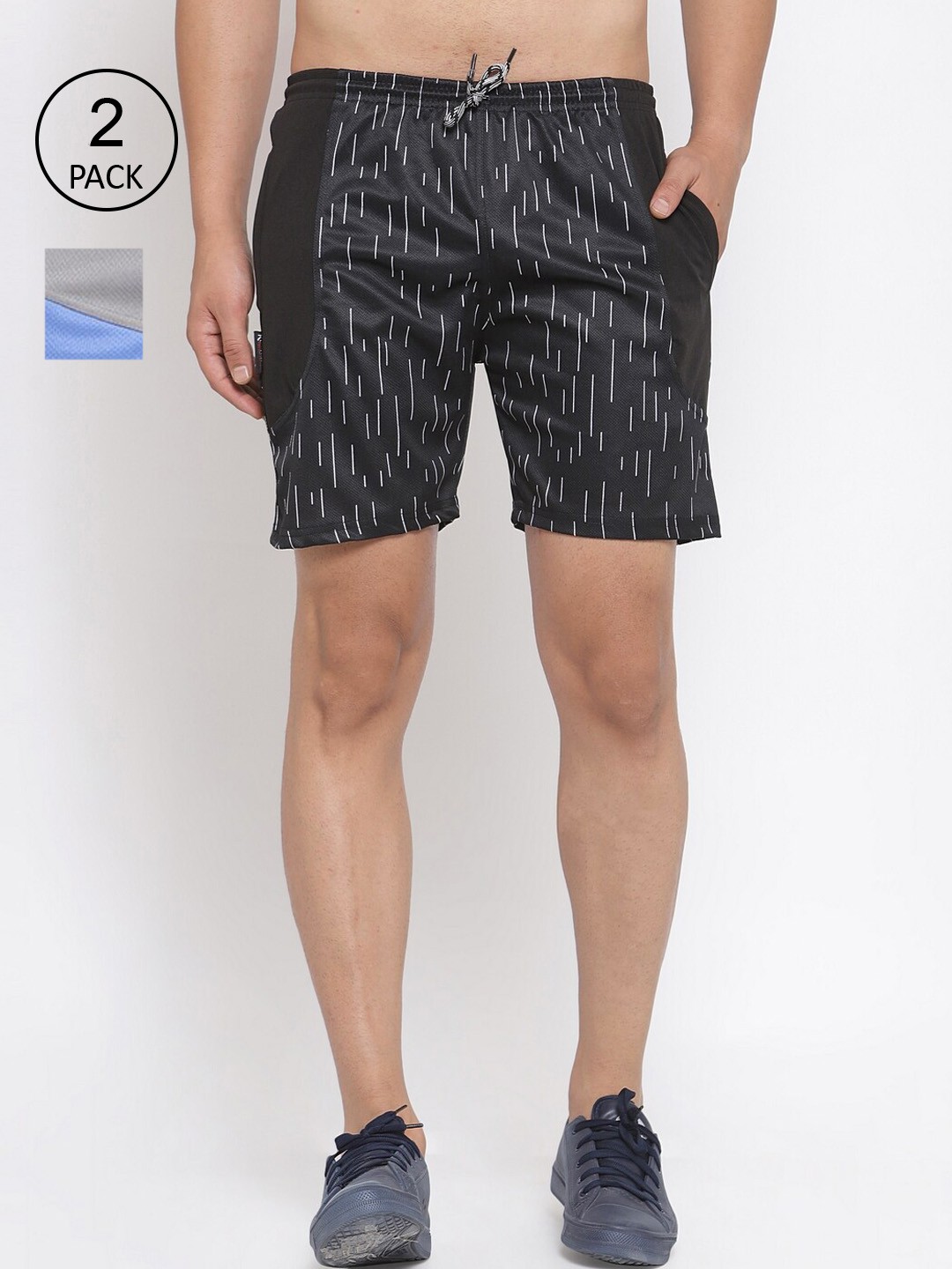 

KLOTTHE Men Pack Of 2 Multicoloured Striped Sports Shorts, Black