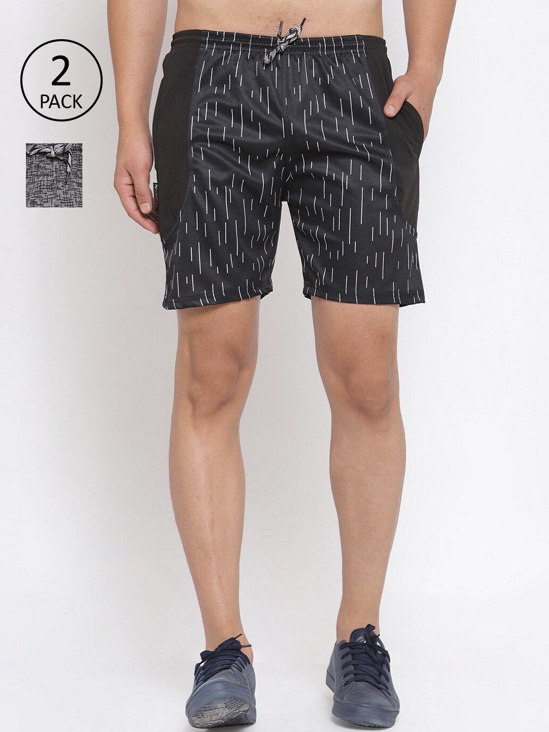 

KLOTTHE Men Pack Of 2 Multicoloured Striped Sports Shorts, Black